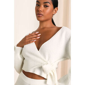 Lulus Lovely Daydream Ivory Knit Cropped Wrap Lounge Top White - Size S